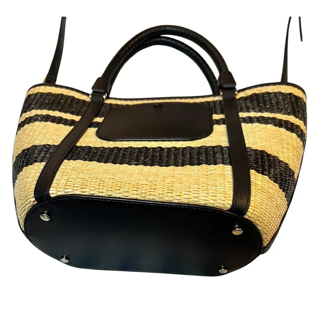 Kate Spade New York Striped Woven Straw Raffia Tote Shoulder Bag Black